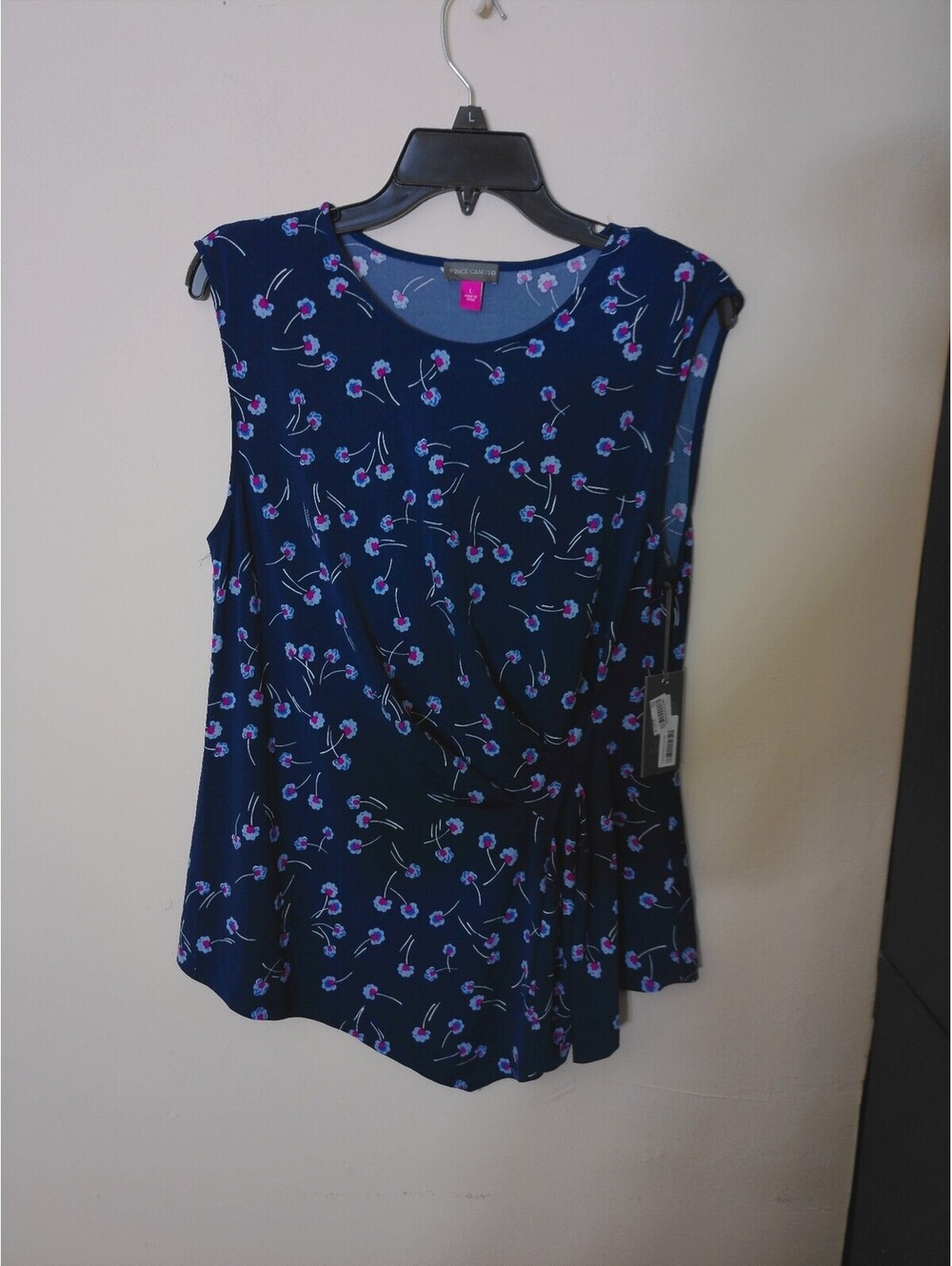 NWT Vince‎ Camuto Sleeveless Top Womens Navy Blue Floral Print Blouse Size L